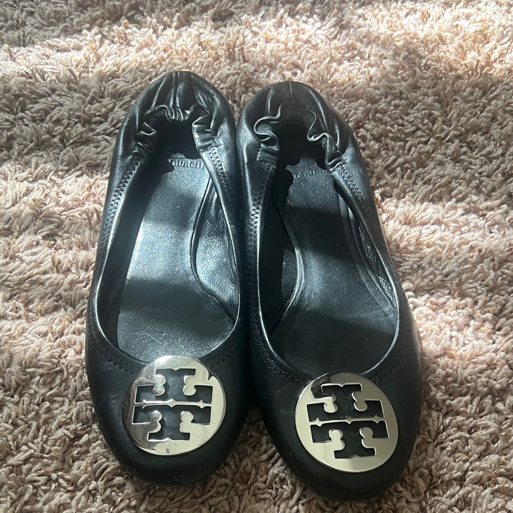 Tory Burch Black Leather Flats with Silver Logo